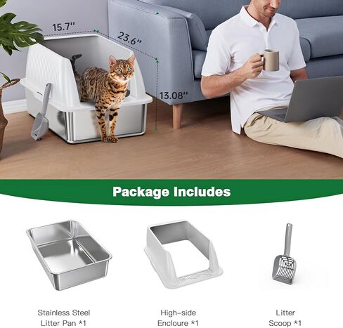 Stainless Steel Litter Box,XL Metal Litter Box with Lid,High Side Cat Litter Box for Big Cats and Kittens,Extra Large Litter Box with Scoop,Non-Sticky,Anti-Leakage and Easy Clean (Black) in Kuwait