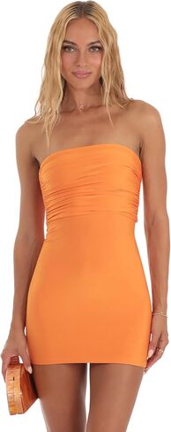 فستان قصير برتقالي ضيق: بدون حمالات، بلا أكمام، نمط Bodycon شفاف قليلاً مع تصميم سهل الارتداء وتفاصيل حلقة in Kuwait
