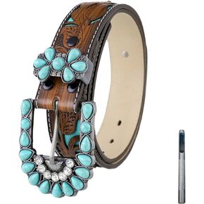 Western Belt for Women Men, Cowboy Cowgirl Floral Engraved Leather Belt Adjustable Brown Country Belt
