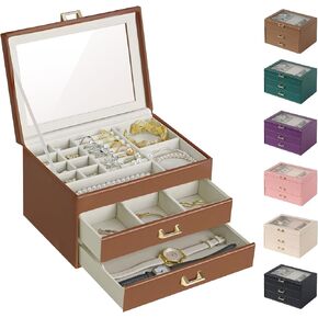 BALEINE Jewelry Box with Glass Lid, PU Jewelry Holder Organizer for Big Small Jewelry, Jewelry Storage Case (White)