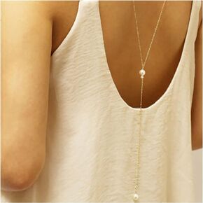 Andelaisi Boho Pearl Back Necklace Long Pearl Backdrop Necklaces Gold Pearl Back Chain Necklace Vintage Body Chain Necklace Summer Body Jewelry for Women and Girls