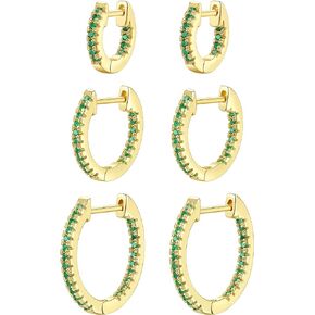 Besalon Gold Huggie Hoop Cubic Zirconia Earrings Set for Women, 3 Pairs 14K Gold Plated Small Thin Cartilage Hypoallergenic Inside Out CZ Multiple Piercing Earrings for Teen Girls Trendy Jewelry Gift 12mm 16mm 20mm White/Black/Rainbow/Red/Turquoise/Dark G