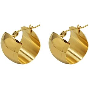 Fashion 18K Gold Plated Chunky Wide Hoop Earrings for Women Girls Sensitive Ear Dainty Stainless Steel Minimalist C Shaped Huggie Hoops Click Top Piercing Round Circle Hooped Hypoallergenic Jewelry Gifts Bfff Birthday Mom Wife 20mm