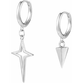 S925 Sterling Silver Spike Star Hoop Earrings Punk Simple Asymmetric Mismatched Rivet Awl Spike Geometric Small Guggie Hoop Earrings for Women Teen Girls Minimalist Festival Party Fashion Jewelry Gifts