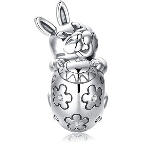 Easter Bunny Rabbit with Egg 925 Sterling Silver Charm Bead For Pandora & Similar Charm Bracelets