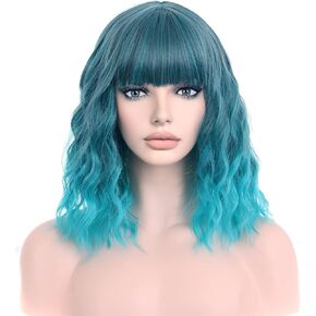 PATTNIUM Mixed Blue Wig Short Wavy Wig Women Blue Wig with Bangs Girls Curly Synthetic Wig Halloween Cosplay Costume Wig (Mixed Blue) in Kuwait