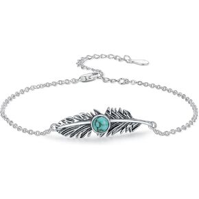 Feather Turquoise Bracelet for Women Sterling Silver Genuine Turquoise Gemstone Link Adjustable Bracelet Navajo Jewelry Gift for Birthday Mothers Day (7+2")
