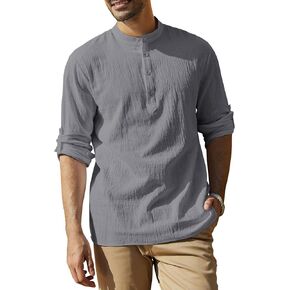 Jacansi Men's Linen Henley Shirt Long Sleeve Casual Hippie Cotton Beach Henley Shirts