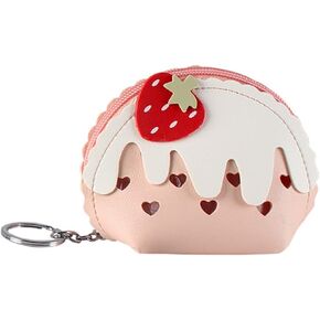 ABOOFAN Mini Coin Purse PU Leather Strawberry Cartoon Zipper Small Wallets with Keychain for Women Girls Outdoor Money Cards Storage Handbags (Pink)