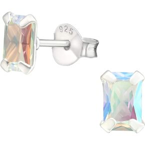 925 Sterling Silver Aurora Borealis CZ Crystal Baguette Stud Earrings, Sold as a Pair