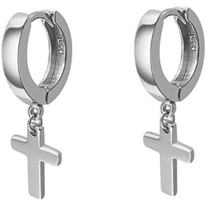 Solid White Gold Plated 925 Sterling Silver Drop Dangle Cross Huggie Hoop Earrings Trendy Cross Earrings For Men Women Small 12mm Huggie Hoops Dangling Earrings for Men Hypoallergenic Lightweight