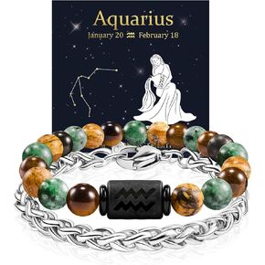 FANCIBAND Zodiac Bracelet for Men Women, 2pcs Stainless Steel Chain Bracelet and 8mm Natural Tiger Eye Stone Bead Bracelets with Zodiac Stone Black Star Sign Constellation Horoscope Bracelet Stretch