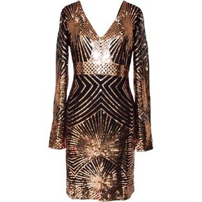 Women's V Neck Bodycon Midi Sequin Long Sleeve Evening Cocktail Dress