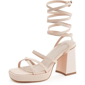 Coutgo Womens Platform Strappy Heels Sandals Sexy Lace Up Chunky Heels Square Toe Summer Dress Shoes