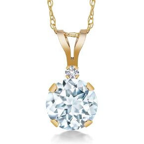 Gem Stone King 14K Yellow Gold Sky Blue Aquamarine and White Created Sapphire Pendant Necklace For Women (0.77 Cttw, Round 6MM, with 18 Inch Chain)