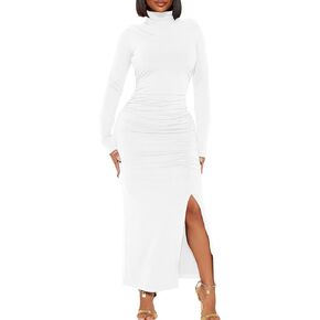 HOCILLE Women's Sexy Long Sleeve Bodycon Casual Turtleneck Party Ruched Slit Maxi Dress