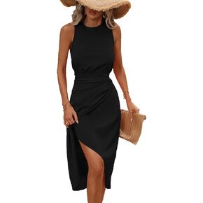Milumia Women's Summer Wrap Hem Ruched Midi Dress Sleeveless Twist Side Tank Dresses