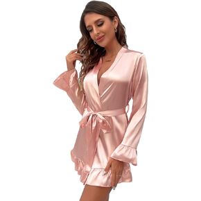 WDIRARA Women's Satin Letter Graphic Print Ruffle Hem Deep V Neck Belted Robe Long Sleeve Kimono Bathrobe