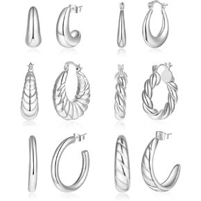 FENBORY 6 Pairs Chunky Gold Hoop Earrings Set 14K Gold Plated Thick Open Hoop Earings Multi Pack Tube Twisted Hoops for Women Girls