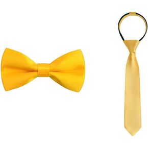 Alizeal Boys Solid Pre-tied Adjustable Bow Tie-Yellow, Boys Solid Pre-tied 2.4'' Zipper Skinny Necktie, Golden