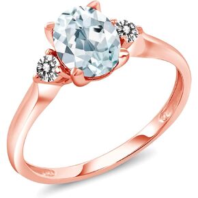 Gem Stone King 10K Rose Gold Sky Blue Aquamarine and White Diamond 3 Stone Engagement Ring For Women (1.26 Cttw, Oval Gemstone Birthstone, Available In Size 5, 6, 7, 8, 9)