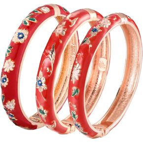 UJOY Womens Multi-colors Cloisonne Bracelet Gold Plated Flower Enameled Hinged Cuff Bangles Jewelry Gift 55A-3PCS