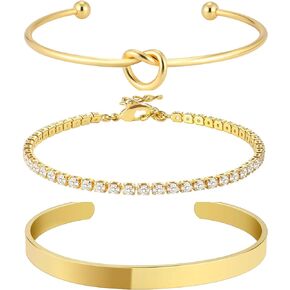 3pcs Gold Bangle Bracelets for Women, 14k Gold Plated Bracelet Love Knot Bracelets, Tennis Bracelets Gifts for Women Stack Cuff Bangles Adjustable Jewelry Set