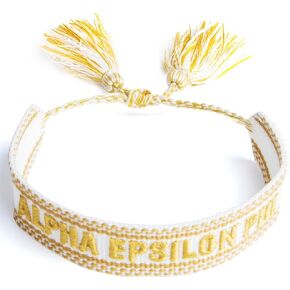 Sorority Shop Alpha Epsilon Phi Bracelet — Woven Bracelet, White and Gold Design with AEP Sorority Name and Tassels, Greek Sorority Jewelry and Big Little Sorority Gifts