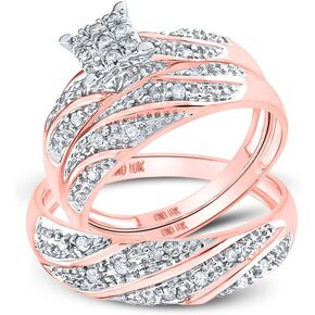 Solid 10K Rose Gold His and Hers Trio Three Rings Set Real Natural Diamond Square Matching Rings Wedding Band Set 1/3 Carat (.29 Cttw)