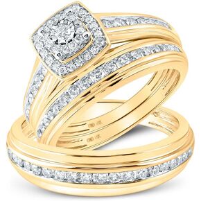 Solid 14K Yellow Gold His and Hers Trio Three Rings Set Real Natural Diamond Halo Matching Rings Wedding Band Set 7/8 Carat (.87 Cttw)