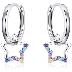Qings Star Dangle Hoop Earrings,925 Sterling Silver Huggie Hoop Earrings with Sparkling CZ Star Charms Hypoallergenic Jewelry Gift for Girls Women Teen