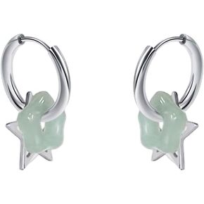 Star Green Jade Flower Cuff Small Hoop Earrings for Women Girls Cute Unique Tiny Huggie Hoops With Star Charm Hypoallergenic Fashion Y2K Jewerly Gifts Daughter Birthday Christmas