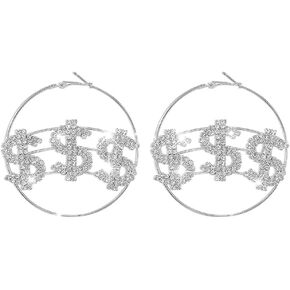 Crystal Dollar Money Sign Symbol Drop Dangle Large Hoop Earrings for Women Girls 70mm Big Basketball Hoops Fashion Sparkly Rhinestone Statement Earrings Christmas New Year Party Gifts