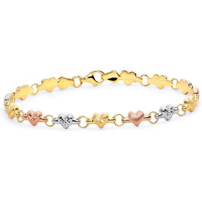 The World Jewelry Center 14k REAL Tri Color Gold Diamond Cut Stampato Heart Bracelet with Lobster Claw Clasp - 7.25"