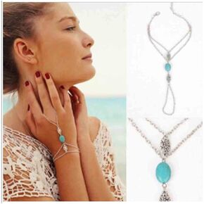 Olbye Turquoise Finger Ring Bracelet Dainty Silver Flower Harness Bangle Chain Everyday Bracelet Jewelry Gift for Women and Girls…