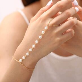Simple Hand Chain Pearl Finger Ring Bracelets Wedding Beaded Bracelet for Women and Girls