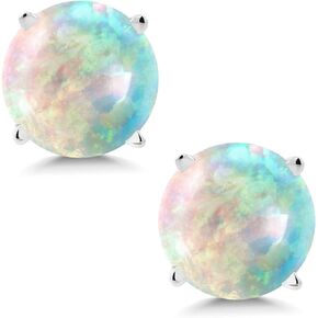 Gem Stone King 14K White Gold White Simulated Opal Stud Earrings For Women (0.60 Cttw, Round Cabochon 6MM)
