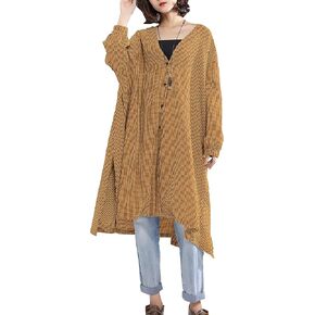 ellazhu Women's Long Sleeve V-Neck Button Up Plus Size Plaid Checked Jacket Blouse Shirt Outerwear Housecoat Dust Coat GA1505