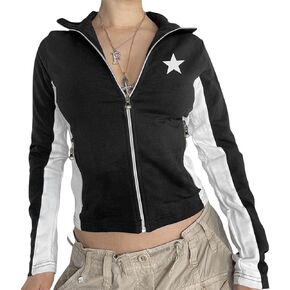 Women Zipper Vintage Jacket Stand Collar Slim Fit Short Coats Y2k Color Block Outwear Blockcore Outfits in Kuwait