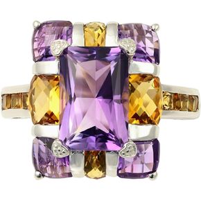 925 Sterling Silver Genuine Amethyst Citrine Statement Multicolor Ring. Size 7