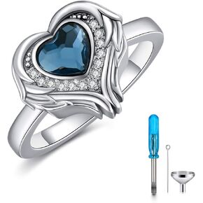 AOBOCO 925 Sterling Silver Angel Wings Heart Cremation Ring Holds Loved Ones Ashes, Heart Urn Ring for Ashes for Women, Memorial Keepsake Ring Embellished with Crystals from Austria