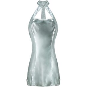 EDAUWAE Women Sexy Silver 70s Faux Leather Dresses Halter Neck Sleeves Mini Dress Halloween for Adult