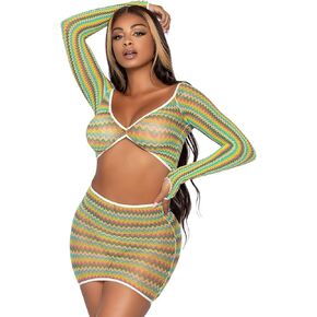 Leg Avenue Women's 2 Pc Zig Zag Net Gauntlet Sleeve Crop Top and Mini Skirt Set