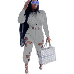 Dezraia 2 Piece Outfits for Women Crop Top with Hollow Out Pants Sets Sweatsuits Tracksuits