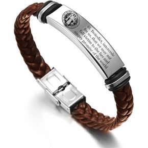 Catholic Saint Bracelet for Protection, Christ Saint Benedict Prayer Leather Bangle, the Patron St. Benedict Blessing Wristband Personalized Engraved Religious Jewelry for Christian, 8.26 inch