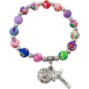Imptora Aeiniwer Treasure4U-Store Multi Color Beads Catholic Rosary Bracelet for Women Stretch Bracelets Rose & Cross Charms in Kuwait