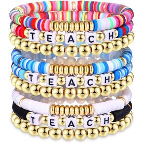 9 Pack Heishi Teacher Bracelets Stackable Rainbow Heishi Teach Beaded Stretchy Bracelet Preppy Jewelry Back to School Teacher Appreciation Gifts
