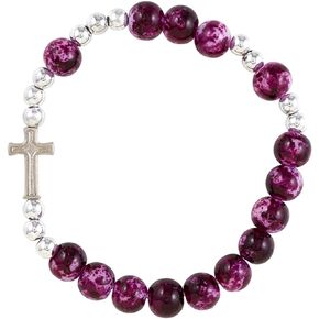 Catholic Bracelet with Prayer Card, Purple Beaded Bracelet with Silver Tone Cross, Mother's Day Gift for Religious Mom, Stretchable 7 1/2 Inches