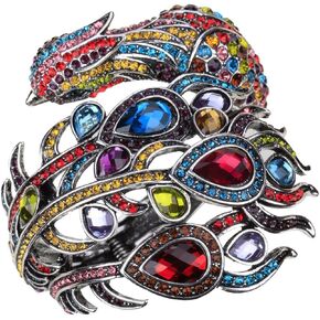 Women's Hinged Big Peacock Bracelet Slave Stretch Ring Set - Fit Wrist Size 6-1/2 to 7-1/2 Inch & Finger 7 to 9 - Lead Nickle Free - Halloween Costome Outfit