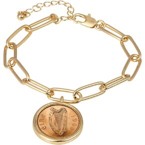 Irish Penny Coin Elongated Link Bracelet | Goldtone Clip Style | 7 Inch 3 Inch Extender with Lobster Claw Clasp | Certificate of Authenticity